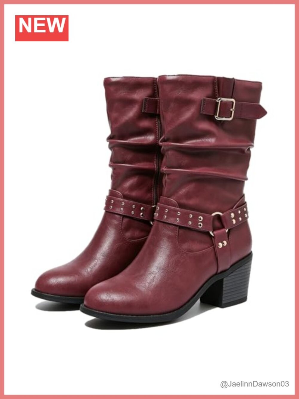Women's Slouchy Mid-Calf Faux Leather Moto Boots Studded Block Heel